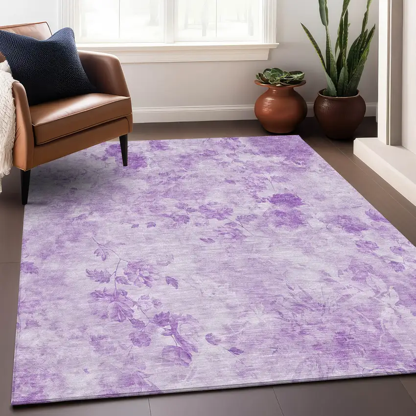 Lavender And Ivory Floral Washable Area Rug With UV Protection Photo 5