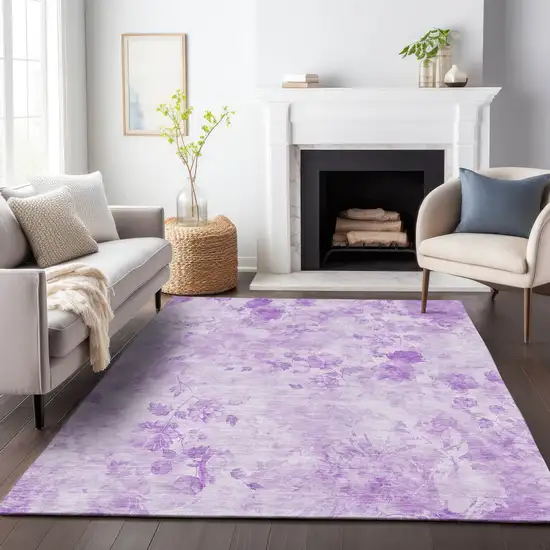 Lavender And Ivory Floral Washable Area Rug With UV Protection Photo 4