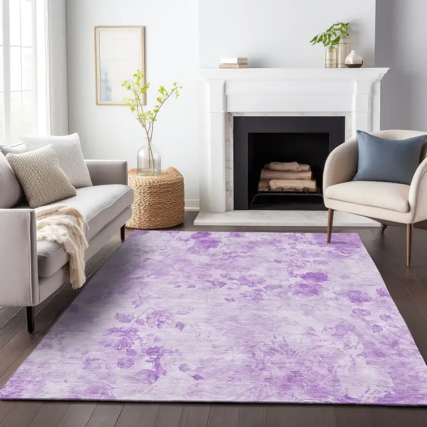 Lavender And Ivory Floral Washable Area Rug With UV Protection Photo 4