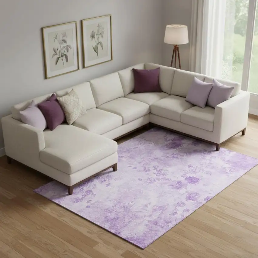 Lavender And Ivory Floral Washable Area Rug With UV Protection Photo 1