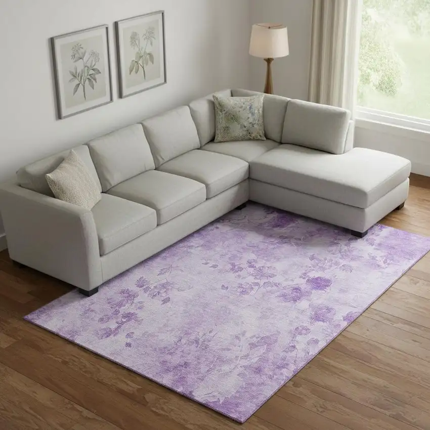 Lavender And Ivory Floral Washable Area Rug With UV Protection Photo 1