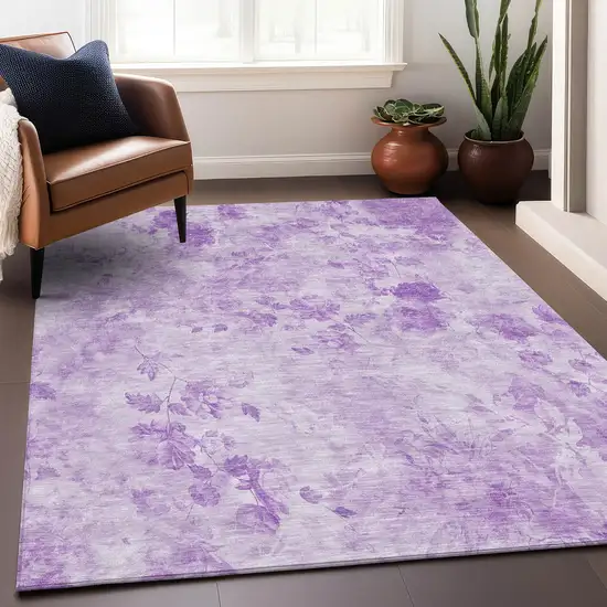 Lavender And Ivory Floral Washable Area Rug With UV Protection Photo 5