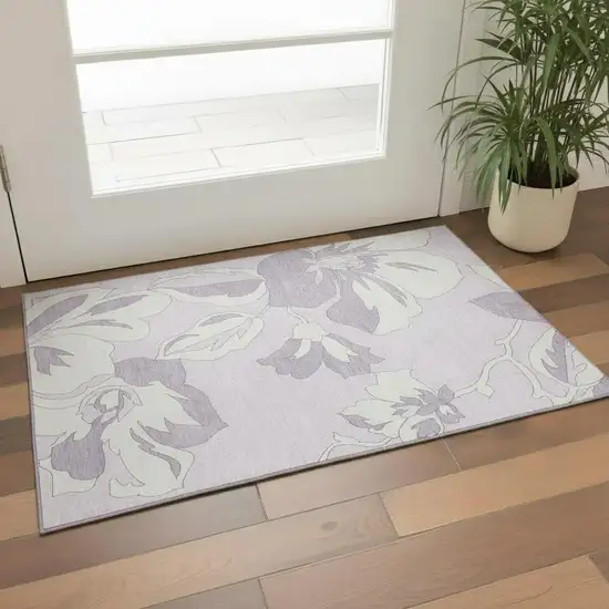 Lavender And Ivory Floral Washable Area Rug With UV Protection Photo 1