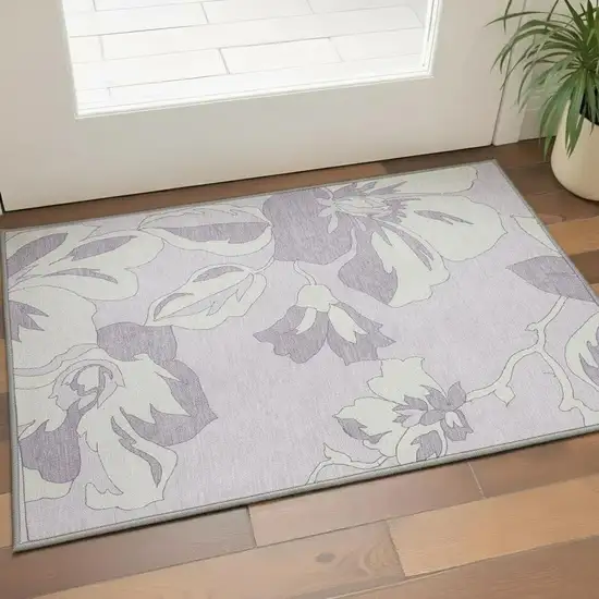 Lavender And Ivory Floral Washable Area Rug With UV Protection Photo 2