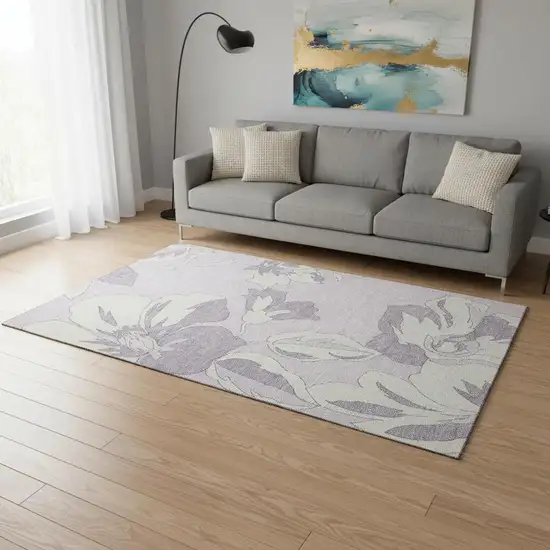 Lavender And Ivory Floral Washable Area Rug With UV Protection Photo 2