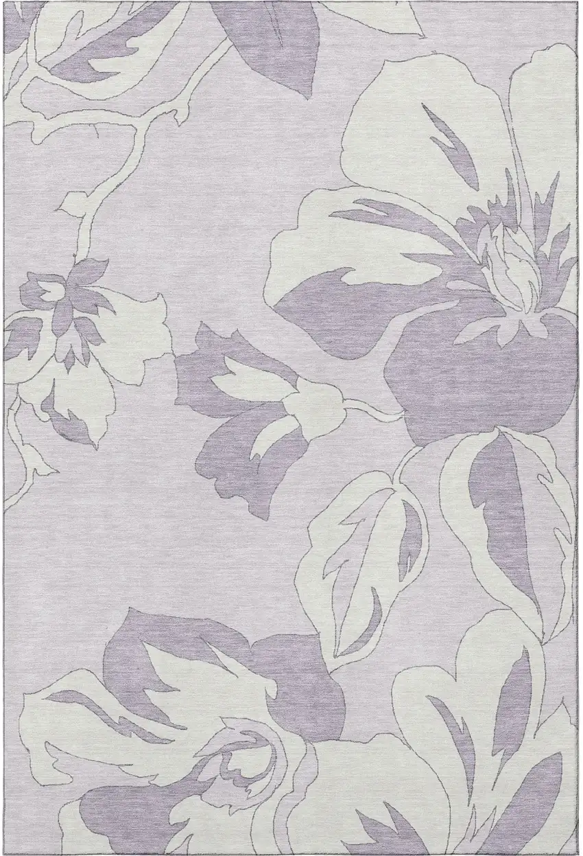Lavender And Ivory Floral Washable Area Rug With UV Protection Photo 4