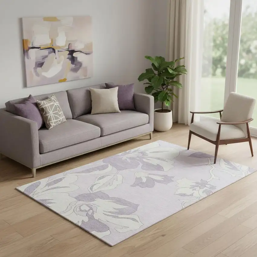 Lavender And Ivory Floral Washable Area Rug With UV Protection Photo 1