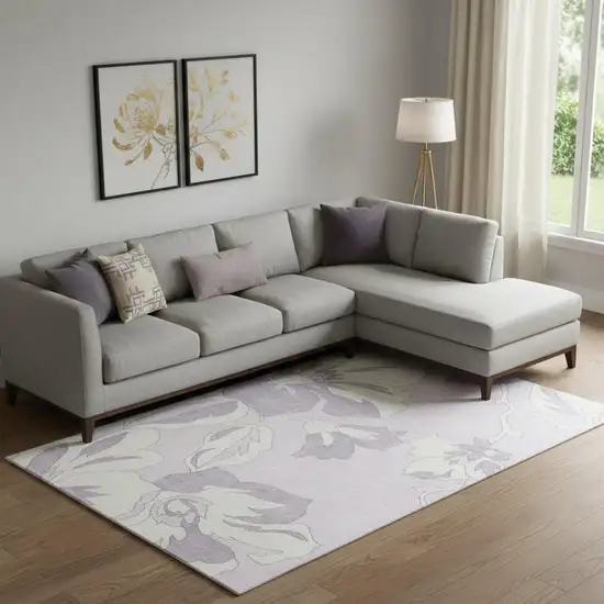 Lavender And Ivory Floral Washable Area Rug With UV Protection Photo 1