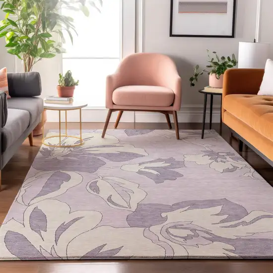 Lavender And Ivory Floral Washable Area Rug With UV Protection Photo 5