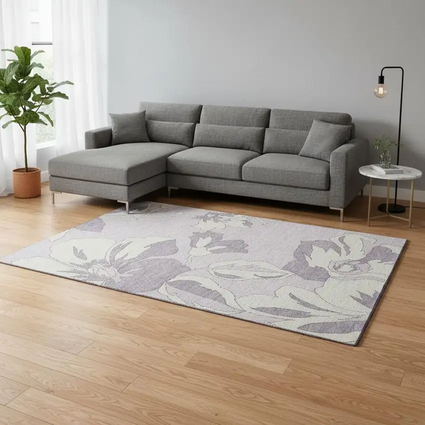 Lavender And Ivory Floral Washable Area Rug With UV Protection Photo 2