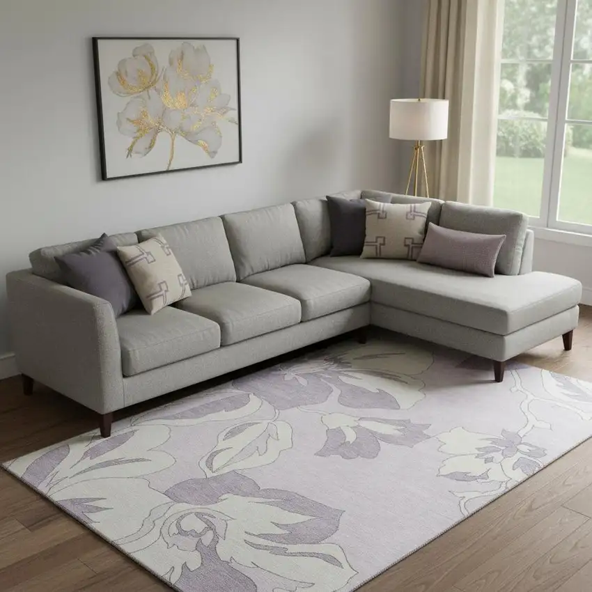Lavender And Ivory Floral Washable Area Rug With UV Protection Photo 1