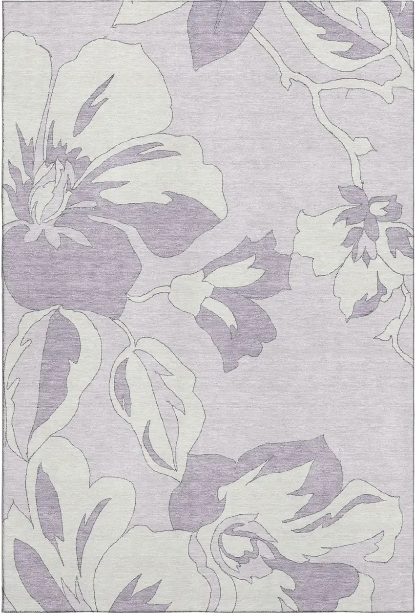 Lavender And Ivory Floral Washable Area Rug With UV Protection Photo 1