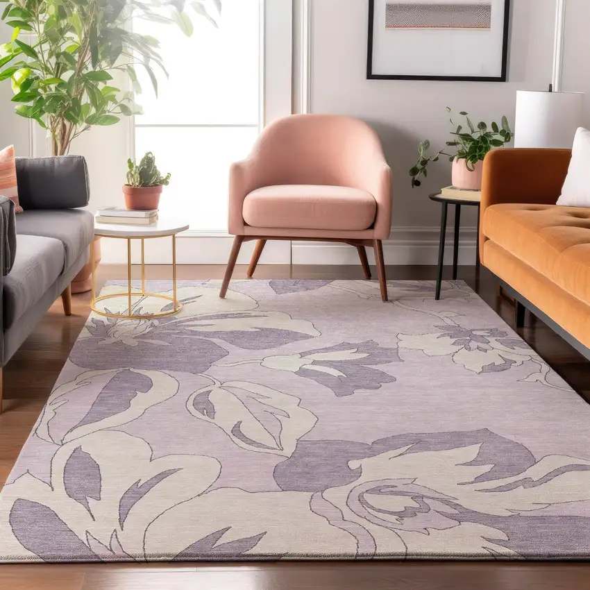 Lavender And Ivory Floral Washable Area Rug With UV Protection Photo 5