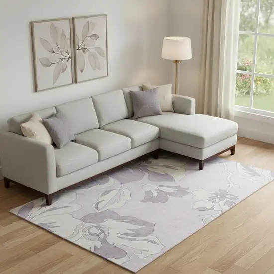 Lavender And Ivory Floral Washable Area Rug With UV Protection Photo 1