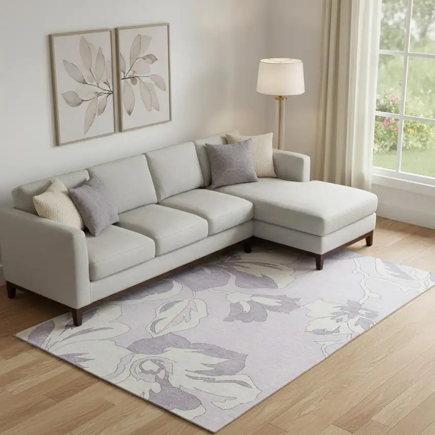 Lavender And Ivory Floral Washable Area Rug With UV Protection Photo 1