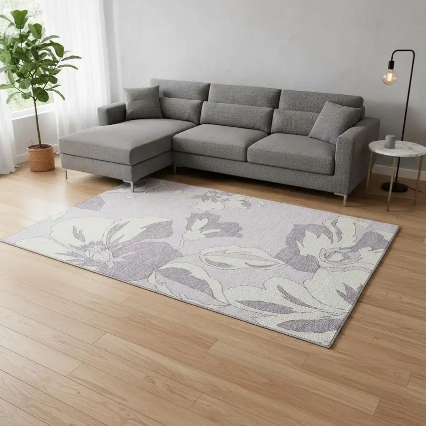 Lavender And Ivory Floral Washable Area Rug With UV Protection Photo 2