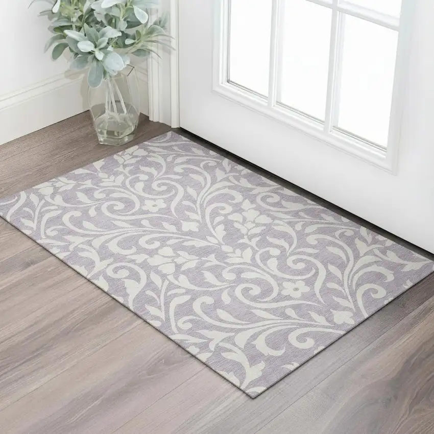 Lavender And Ivory Floral Washable Area Rug With UV Protection Photo 1