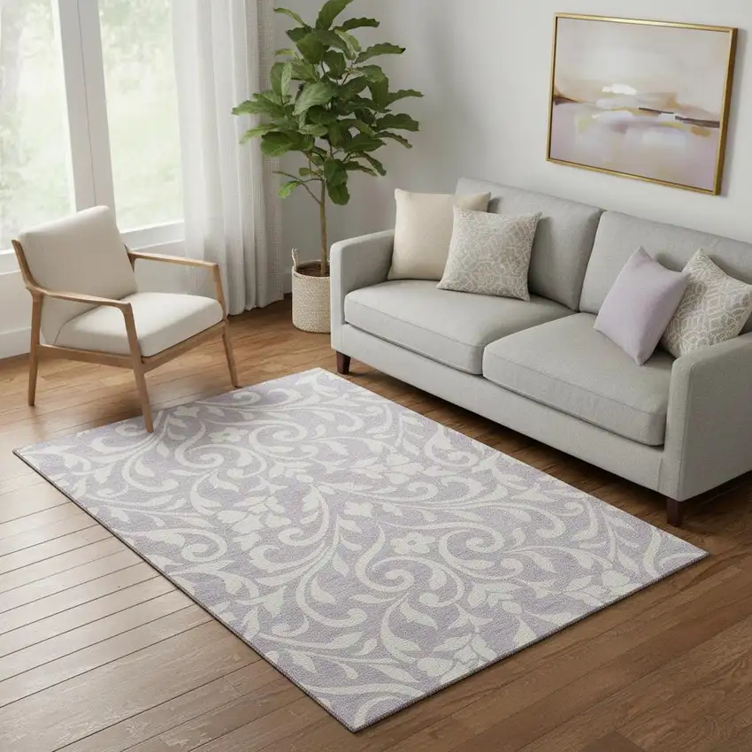 Lavender And Ivory Floral Washable Area Rug With UV Protection Photo 1