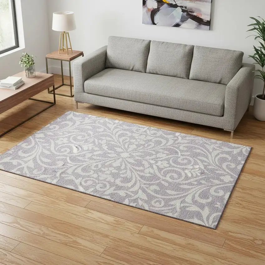 Lavender And Ivory Floral Washable Area Rug With UV Protection Photo 2