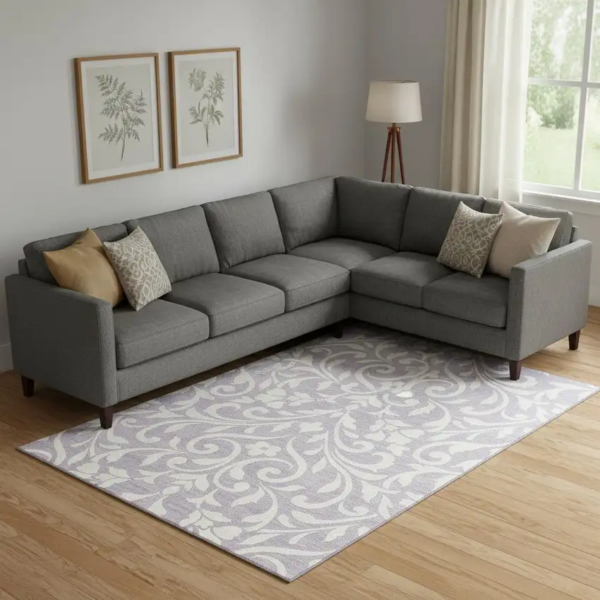 Lavender And Ivory Floral Washable Area Rug With UV Protection Photo 1