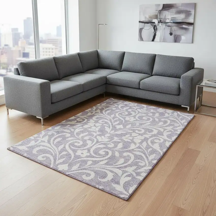 Lavender And Ivory Floral Washable Area Rug With UV Protection Photo 2