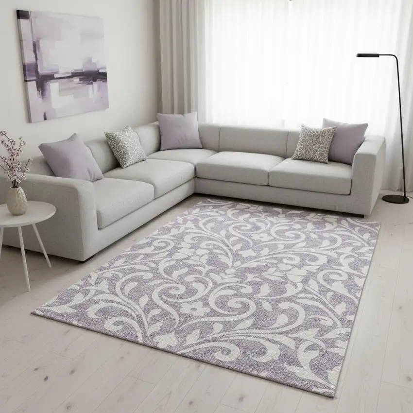 Lavender And Ivory Floral Washable Area Rug With UV Protection Photo 2