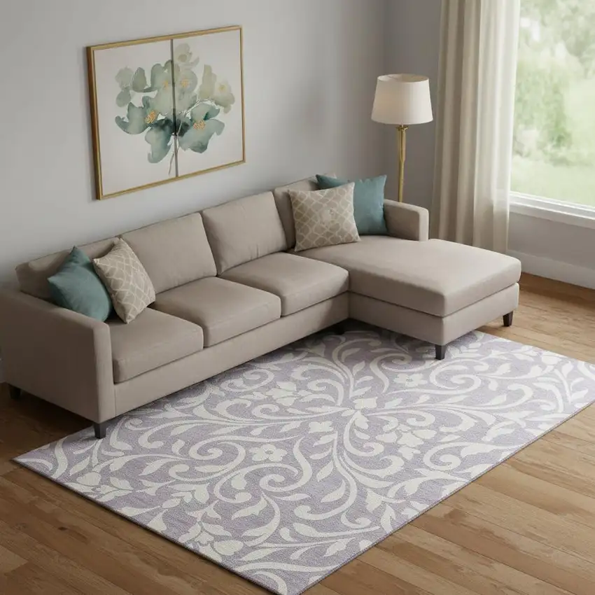 Lavender And Ivory Floral Washable Area Rug With UV Protection Photo 1