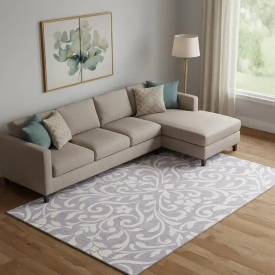 Lavender And Ivory Floral Washable Area Rug With UV Protection Photo 1