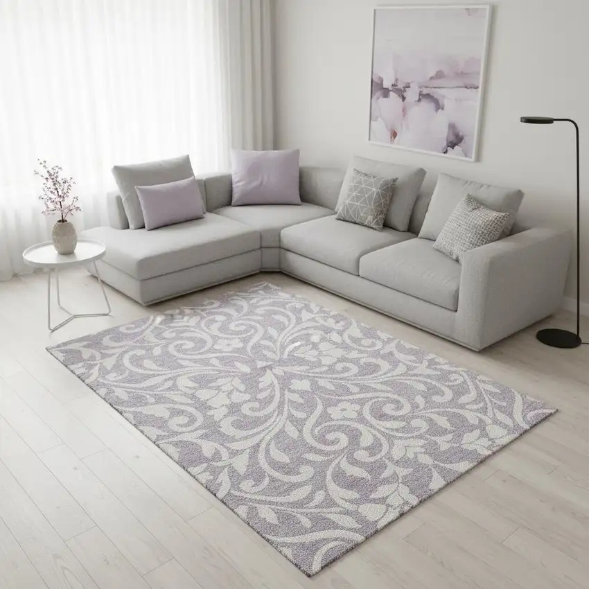 Lavender And Ivory Floral Washable Area Rug With UV Protection Photo 2