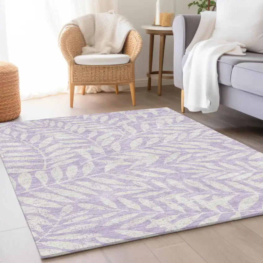 Lavender And Ivory Floral Washable Area Rug With UV Protection Photo 5