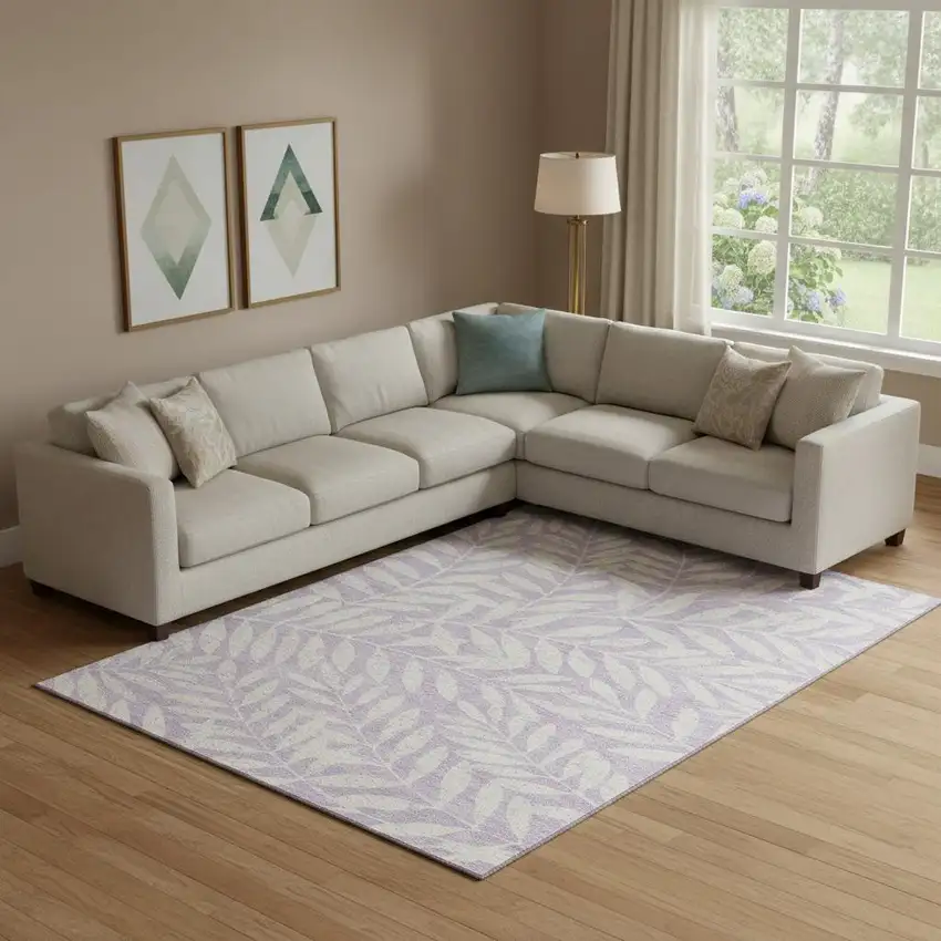 Lavender And Ivory Floral Washable Area Rug With UV Protection Photo 1