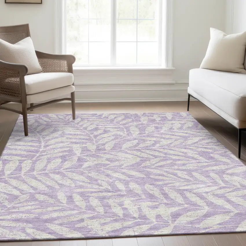Lavender And Ivory Floral Washable Area Rug With UV Protection Photo 5