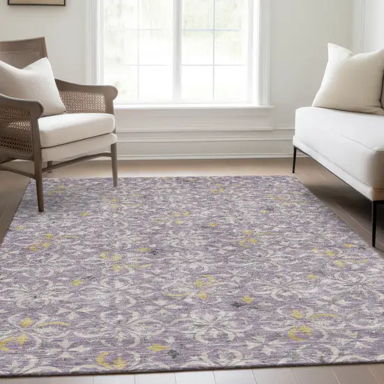 Lavender And Ivory Floral Washable Area Rug With UV Protection Photo 5