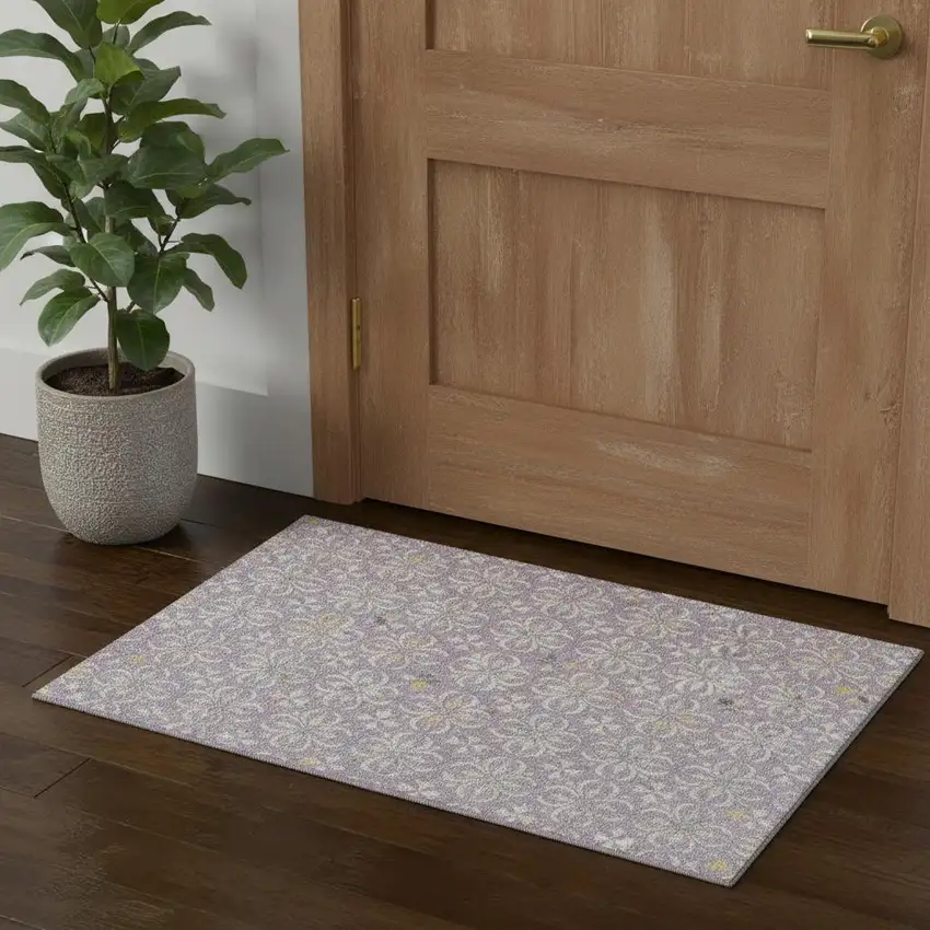 Lavender And Ivory Floral Washable Area Rug With UV Protection Photo 1