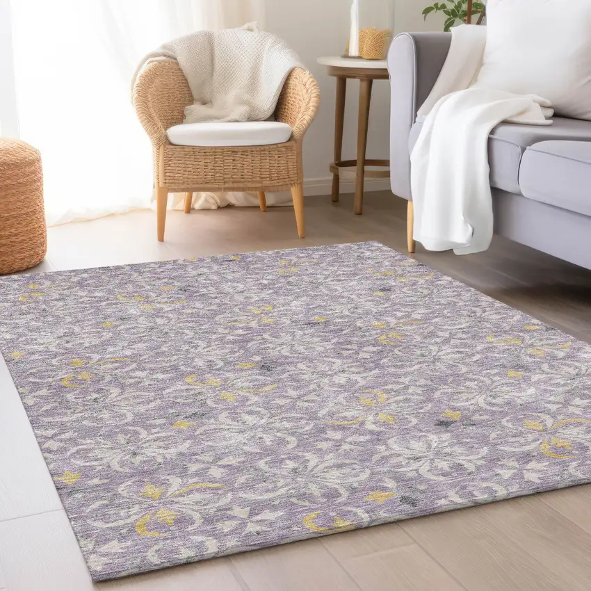 Lavender And Ivory Floral Washable Area Rug With UV Protection Photo 4