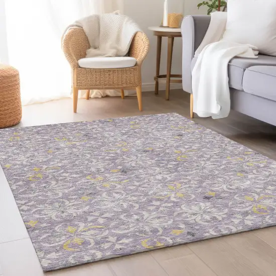 Lavender And Ivory Floral Washable Area Rug With UV Protection Photo 5