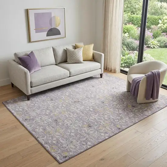 Lavender And Ivory Floral Washable Area Rug With UV Protection Photo 1