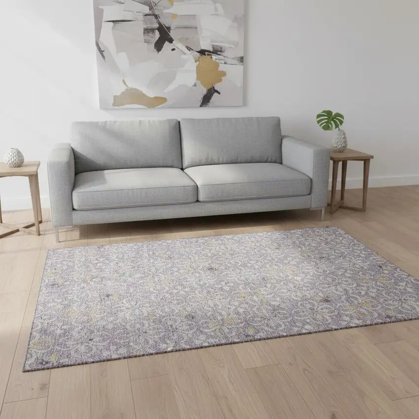 Lavender And Ivory Floral Washable Area Rug With UV Protection Photo 2