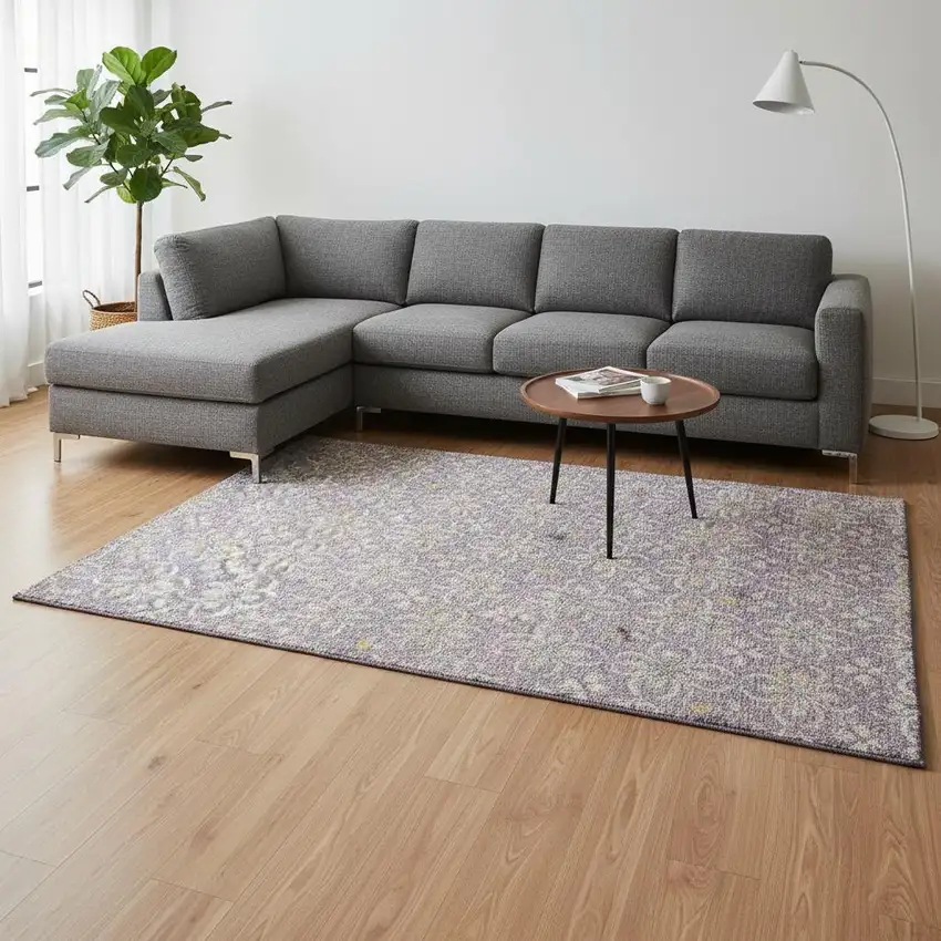 Lavender And Ivory Floral Washable Area Rug With UV Protection Photo 2