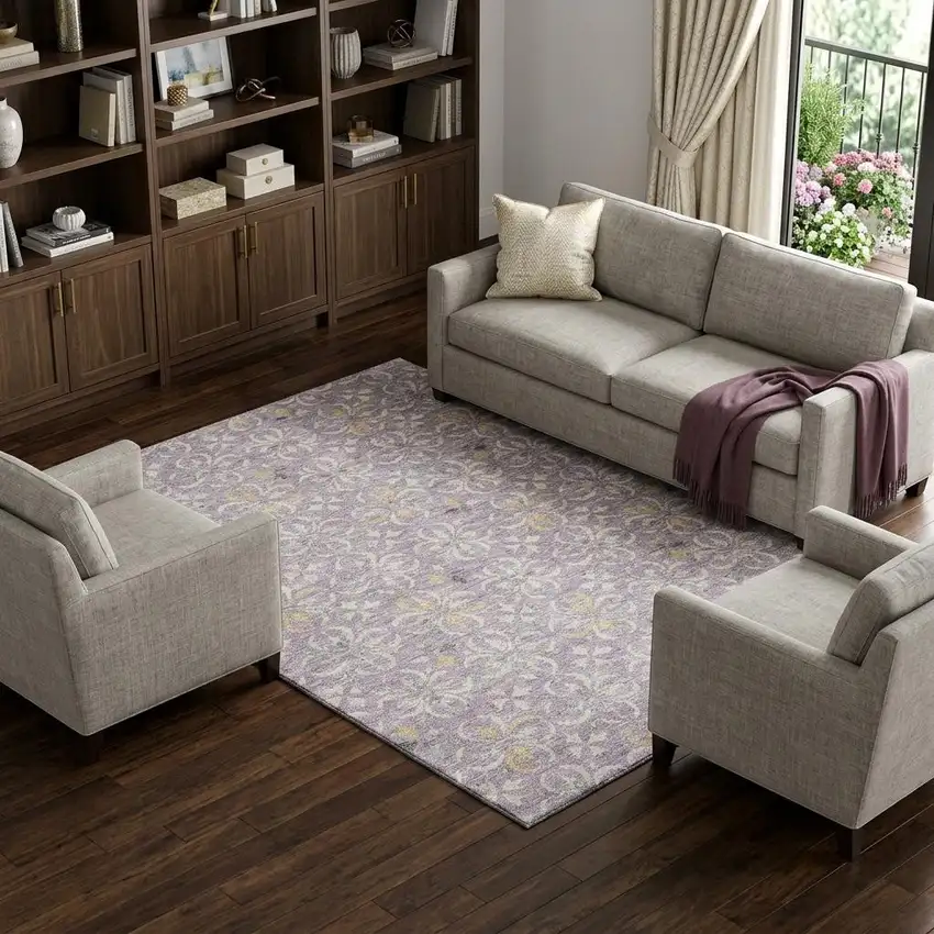 Lavender And Ivory Floral Washable Area Rug With UV Protection Photo 1