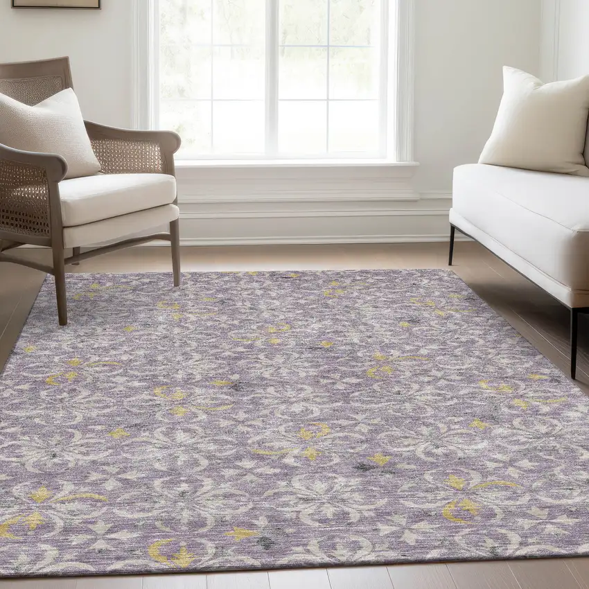 Lavender And Ivory Floral Washable Area Rug With UV Protection Photo 5