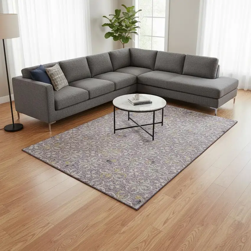 Lavender And Ivory Floral Washable Area Rug With UV Protection Photo 2