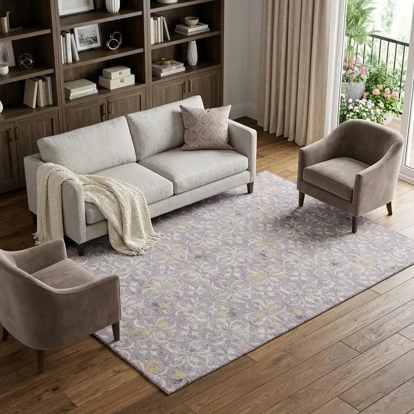 Lavender And Ivory Floral Washable Area Rug With UV Protection Photo 1