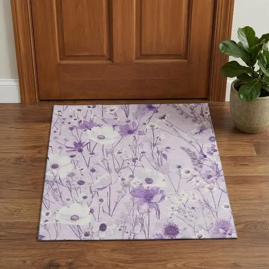 Lavender And Ivory Floral Washable Area Rug With UV Protection Photo 1
