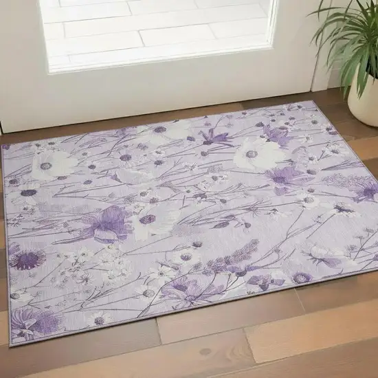 Lavender And Ivory Floral Washable Area Rug With UV Protection Photo 2