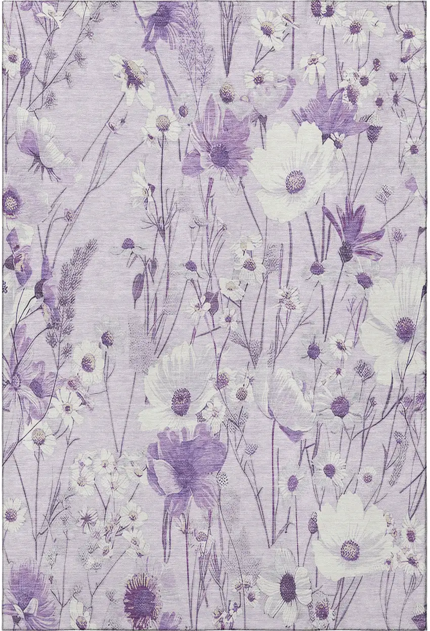 Lavender And Ivory Floral Washable Area Rug With UV Protection Photo 3