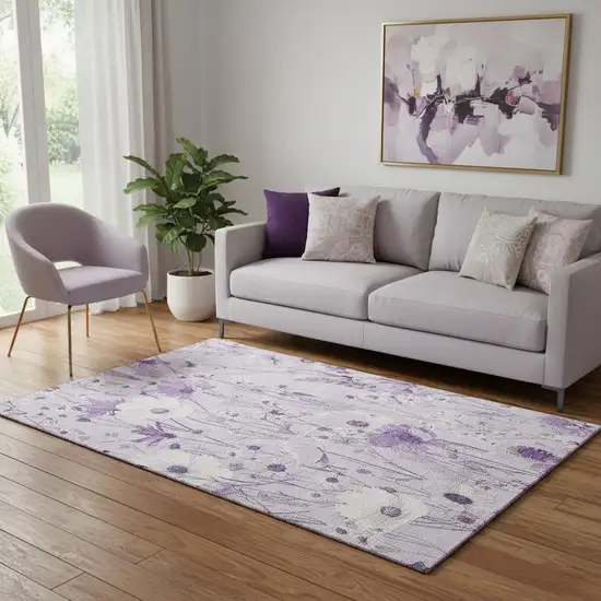Lavender And Ivory Floral Washable Area Rug With UV Protection Photo 2
