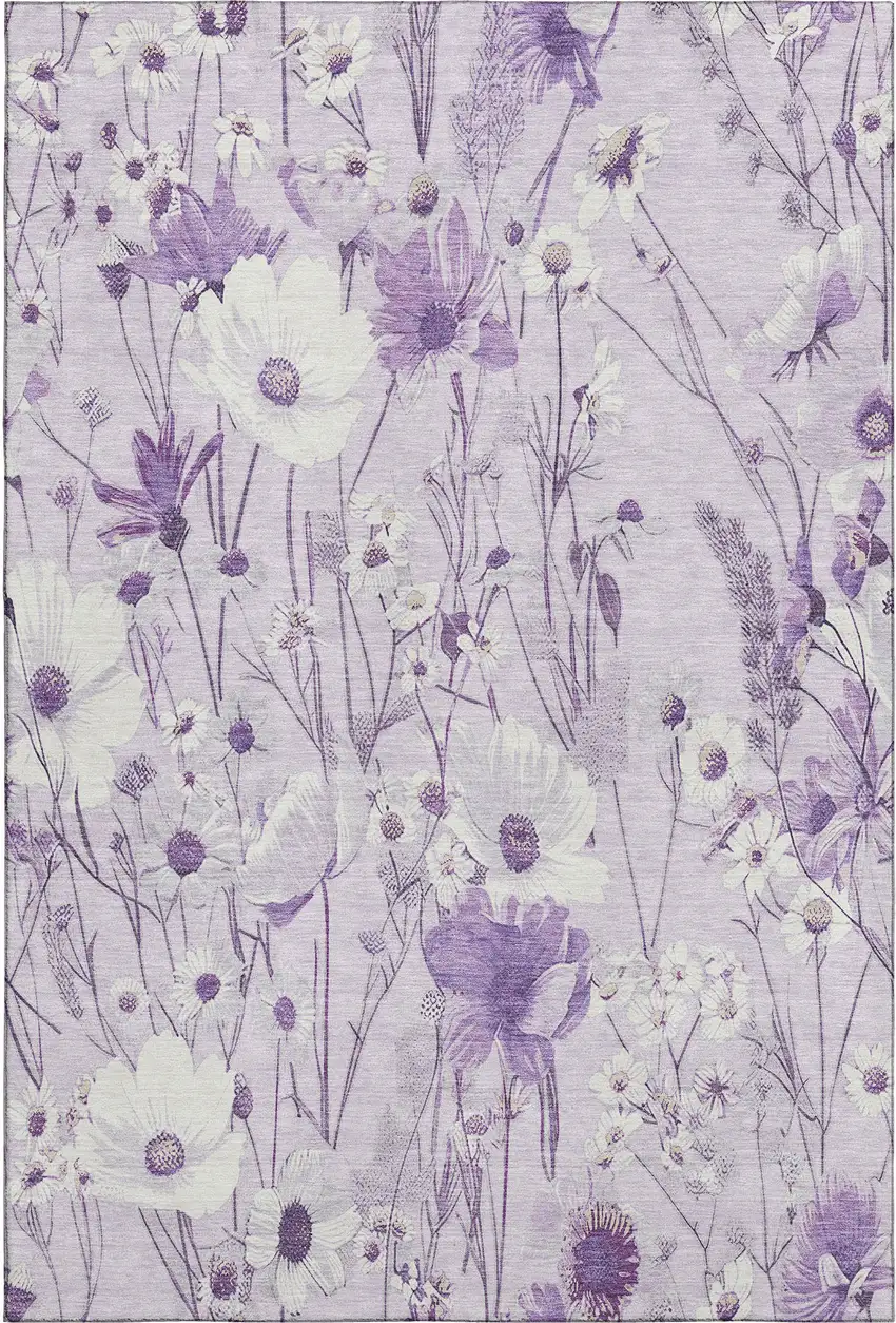 Lavender And Ivory Floral Washable Area Rug With UV Protection Photo 1