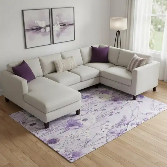 Lavender And Ivory Floral Washable Area Rug With UV Protection Photo 2