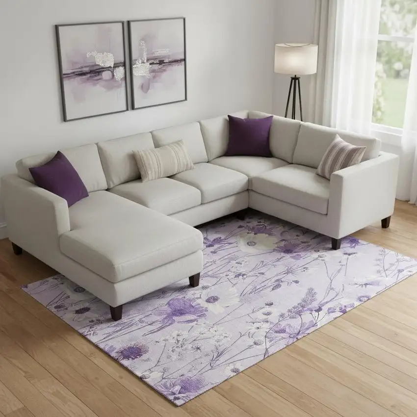 Lavender And Ivory Floral Washable Area Rug With UV Protection Photo 2